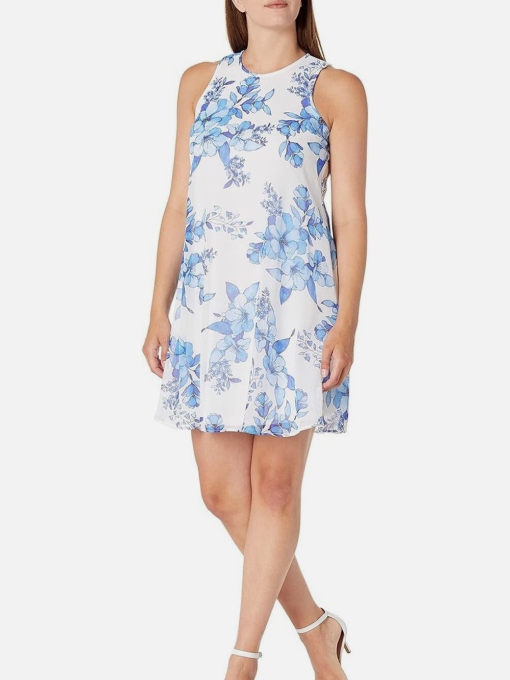 Calvin Klein Sleeveless White Chiffon A Line Dress with Floral Print | Size 14